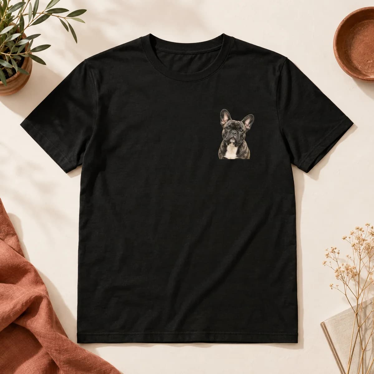 Black t-shirt with a printed bulldog design