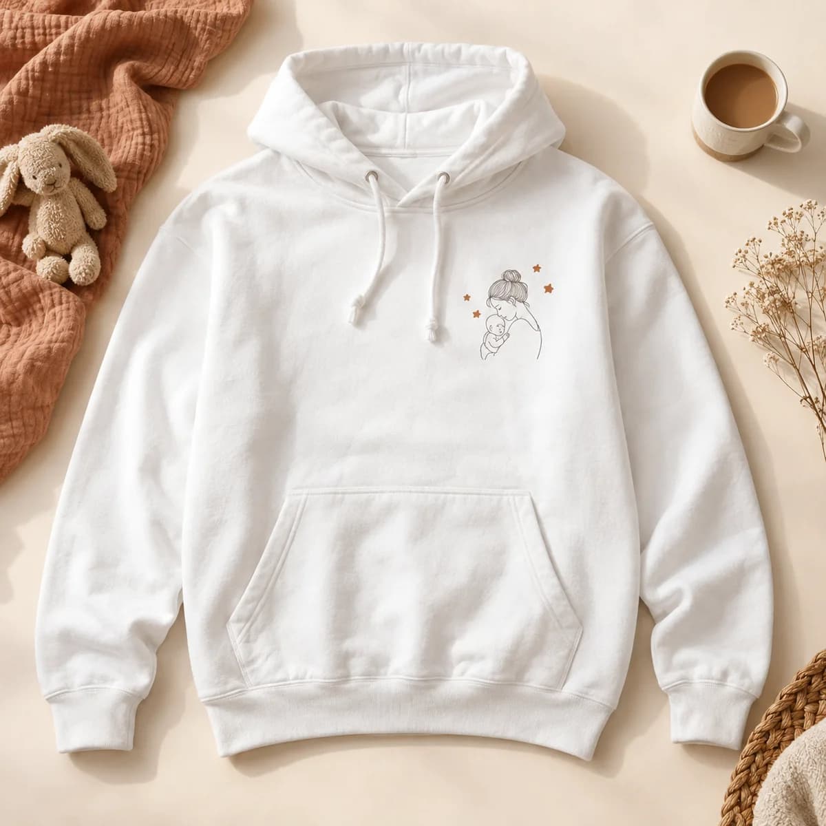 White hoodie with a printed design