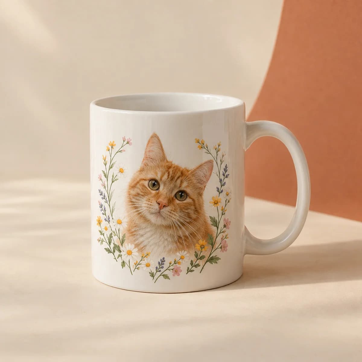 White mug printed with a ginger cat portrait framed by wildflowers