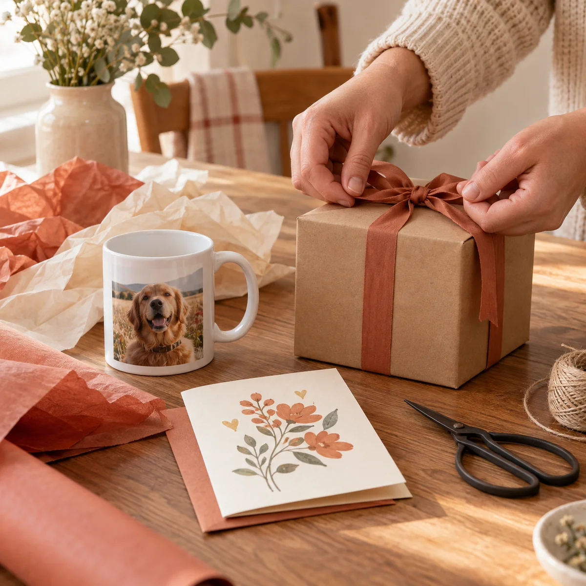 Hands tying a terracotta ribbon on a kraft gift box on a wooden table, beside a mug printed with a golden retriever photo and a floral greeting card
